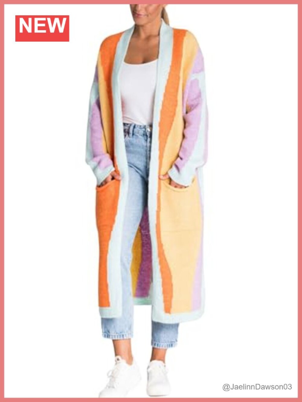 Women's Open Front Color Block Long Cardigan Sweater Coat with Pockets Knitted